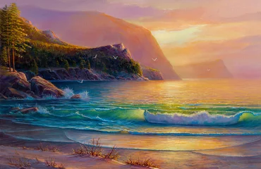 Poster Zonsondergang aan zee, schilderij met olieverf op doek. © serge-b