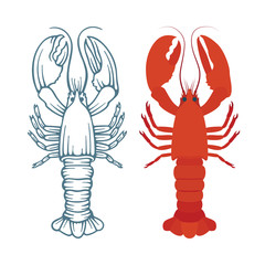 Lobster. Sketch and realistic drawn lobsters vector illustrations set. Part of seafood set. 