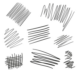Hand drawn hatching shapes on isolated white background. Geometric chaotic shape with lines. Wavy tangled doodle. Black and white illustration