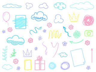 Set of multicolored outline elements isolated on white. Abstract different things. Simple signs. Sketchy symbols for work