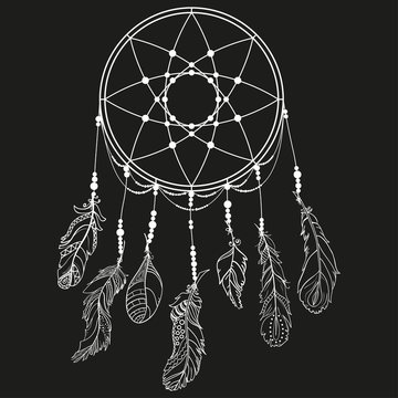 Hand drawn white dreamcatcher on black background. Feathers. Abstract mystic symbol. Design for spiritual relaxation for adults. Line art creation