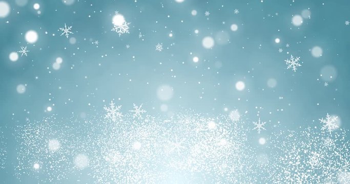 White confetti, snowflakes and bokeh lights on the blue Christmas background.