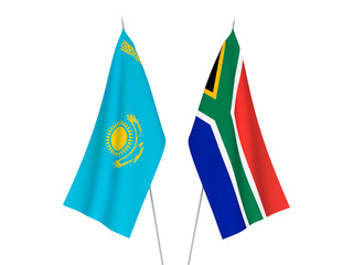 National fabric flags of Kazakhstan and Republic of South Africa isolated on white background. 3d rendering illustration.