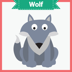 Baby learning cards with animal names. Learning to read. Educational game for children. Funny wolf. Vector flat illustration on white background.