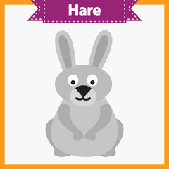 Baby learning cards with animal names. Learning to read. Educational game for children. Funny hare. Vector flat illustration on white background.