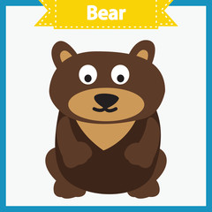 Baby learning cards with animal names. Learning to read. Educational game for children. Funny bear. Vector flat illustration on white background.