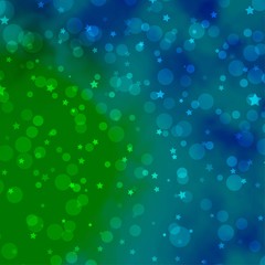 Light Blue, Green vector background with circles, stars. Colorful disks, stars on simple gradient background. Design for wallpaper, fabric makers.