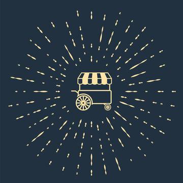 Beige Fast street food cart with awning icon isolated on dark blue background. Urban kiosk. Abstract circle random dots. Vector Illustration