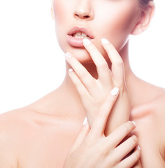 Lips, partial beauty face, neck, hand of woman