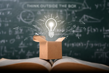think outside the box on school green blackboard . startup  education concept. creative idea. leadership. - obrazy, fototapety, plakaty