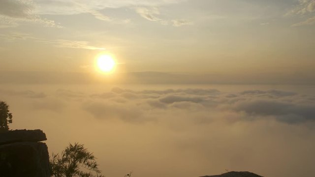 Morning mood and fog on mountain and sun with colorful clouds beatiful. Landscape sea fog and Sunrise Khao Phra Ya Dern Thong View Point. Phatthana Nikhom, Lopburi Thailand