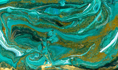 Green and gold ripple of agate background. Golden powder marble texture.