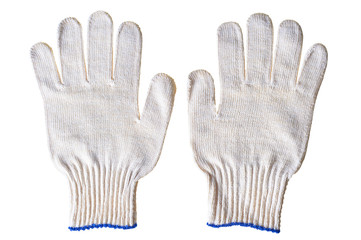 Two new clean textile gloves for save hands on hard works or gardening isolated on white background. Top view