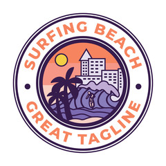 Beach and skyline scenery with surfer on great wave logo badge design