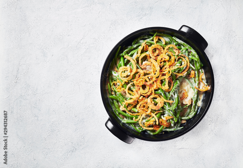 Sticker green bean casserole topped with fried onions