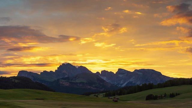 4K Time lapse of Seiser Alm at sunset, Dolomites, Italy 