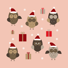 Cristmas set of cute owls. Simple drawn woodland birds in red hats with snowflakes and presents isolated on pink background. Vector illustration.