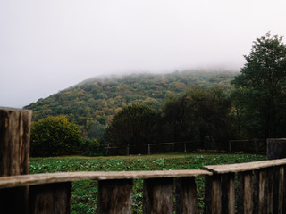 Fototapeta na wymiar Misty morning in the mountains. Old wooden fence. Autumn forest