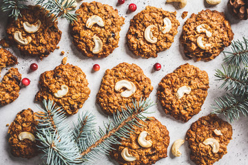 Christmas cranberries and nuts cookies, top view. Christmas dessert concept.