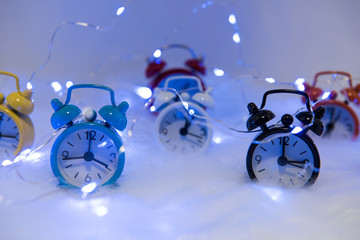 Happy New Years 2019. Winter celebration with alarm clock. Abstract Christmas composition.