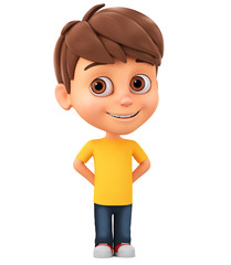 Cartoon character little shy boy on a white background. 3d render illustration.