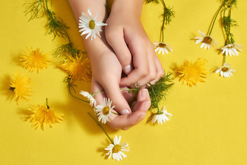 Girl's hands on a yellow background, flowers