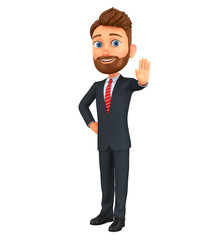 Cartoon character businessman shows hand a stop sign on a white background. 3d render illustration.