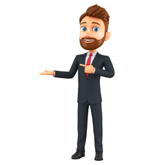 Cartoon character businessman finger on empty hand on a white background. 3d render illustration.