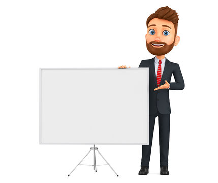 Cartoon character businessman points to a blank board on a white background. 3d render illustration.