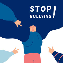 Stop bullying concept with Depressed girl surrounded by the hands of her peers pointing at her. Human character vector - obrazy, fototapety, plakaty