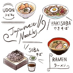 Japanese Noodles with Japanese Calligraphy / manga color & text decoration