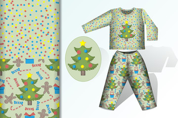 Seamless Christmas background and pattern with pajamas layout and Christmas tree, concept for design of fabric and paper for printing