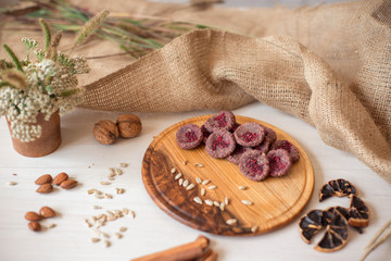 Dietary sweets without sugar. Dessert made from natural ingredients, home cooking. Candy for a healthy diet, vegetarian