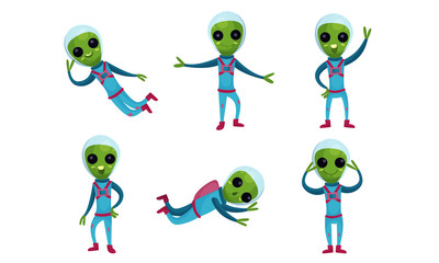 Vector Illustrations With Green Aliens In Spacesuits Set Of Cartoon Characters