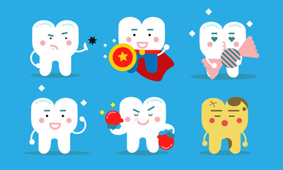 Set Of Six Healthy Teeth Concept Vector Illustrations Cartoon Characters