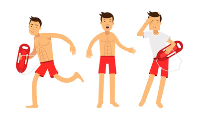 Set Of Vector Illustrations With Three Young Handsome Men Baywatchers