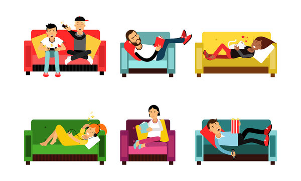 Vector Set With People Inside Entertainments On The Couch Or In The Armchair Isolated On White Background