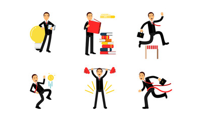 Set Of Vector Illustrations With Businessmen Office Life And Goals Concept