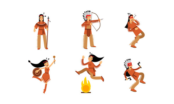 Native American Indians Characters Set Cartoon Vector Illustration