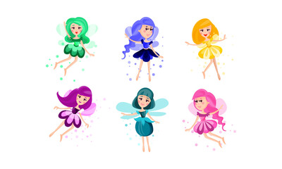 Set Of Vecor Illustrations With Flying Fairies Of Many Colors And Poses