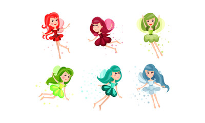 Set Of Six Vector Illustrations With Flying Fairies Of Many Colors And Poses