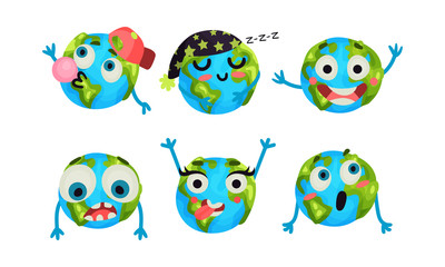Set Of Six Cute Cartoon Earth Globe With Different Emotions Vector Illustrations