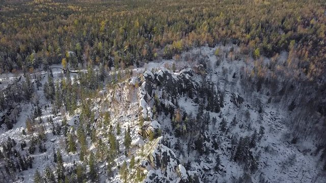 Taganay Mountain Ridge Peak Covered with Snow. Winter in Taganay National Park in the Urals, Russia. Aerial View