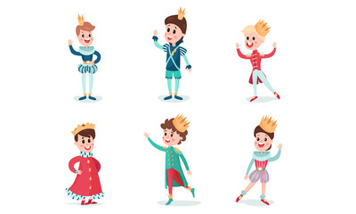 Set Of Vector Illustrations With Little Boys Wearing Fairy Princes And Kings Costumes Cartoon Characters