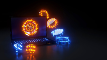 Laptop Online Gambling Concept, Roulette Wheel And Poker Chips - 3D Illustration
