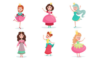 Obraz premium Set Of Vector Illustrations With Little Girls Wearing Fairy Princesses Costumes Cartoon Characters