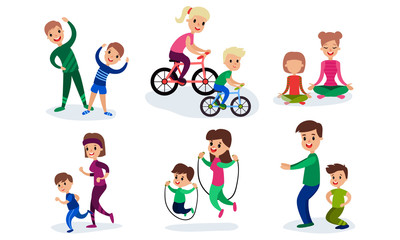 Fototapeta na wymiar Set Of Vector Illustrations With Children Involving In Sport With Their Parents Cartoon Characters