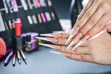 Luxury woman long nails.  Long stiletto frenchnails. Best manicure design..