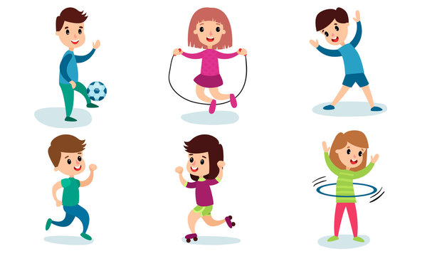Set Of Vector Illustrations With Children Of Different Physical Activity Cartoon Characters