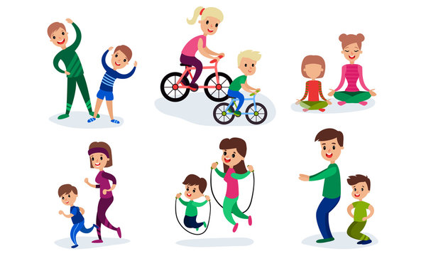 Set Of Vector Illustrations With Children Involving In Sport With Their Parents Cartoon Characters
